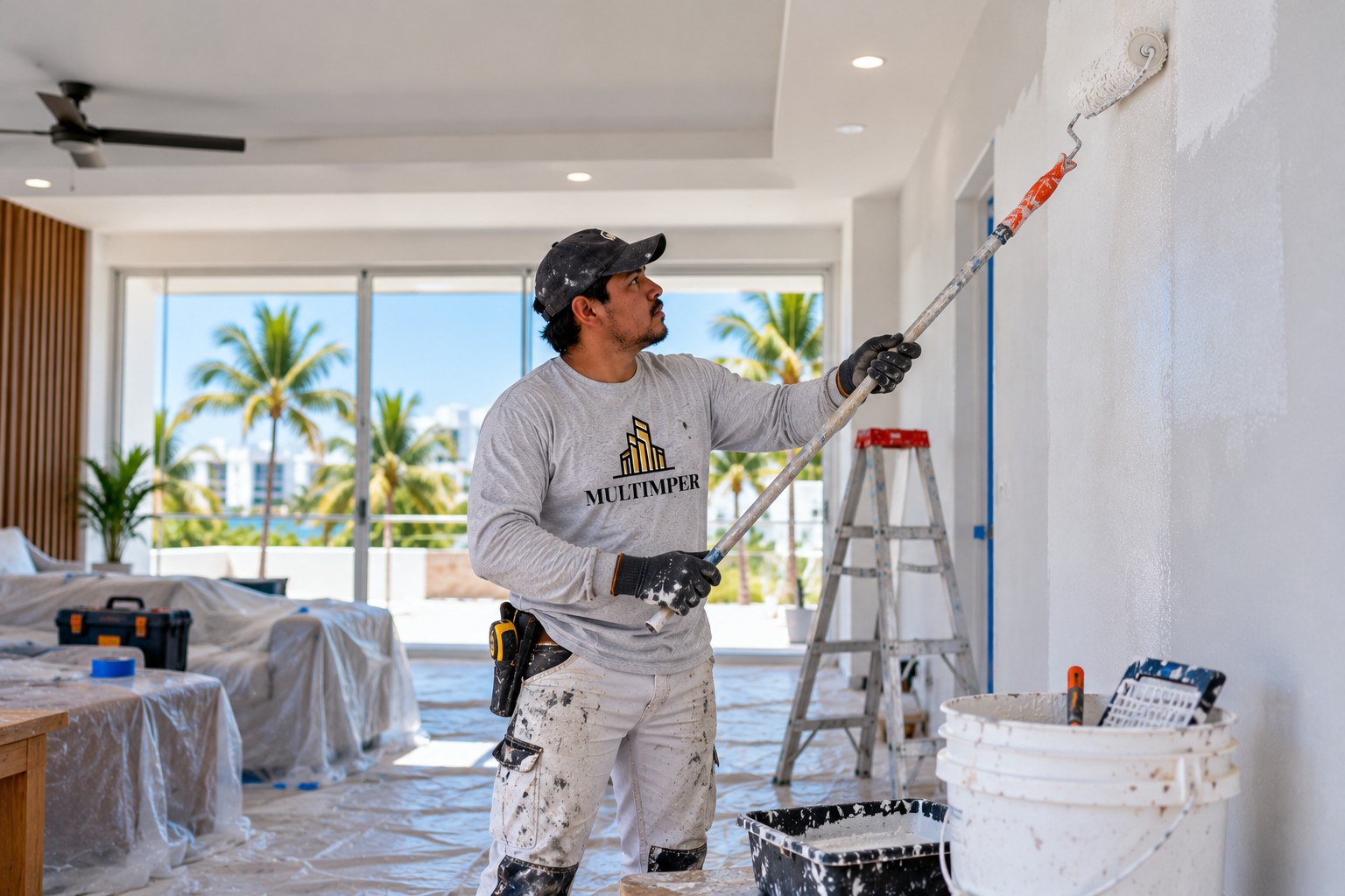 Trabajador pintando un muro interior con rodillo